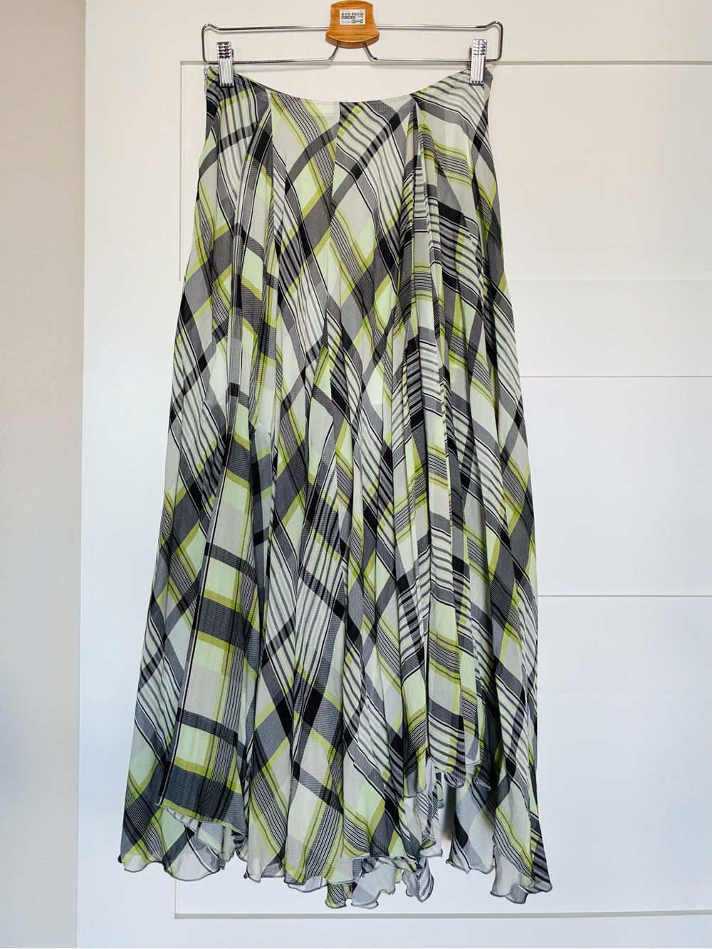 ZARA S Plaid Chiffon Asymmetrical Midi Maxi Skirt Lime Green Black